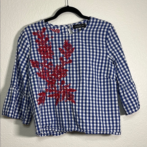 Blue Gingham Top with Red Embroidery L - Picture 1 of 6
